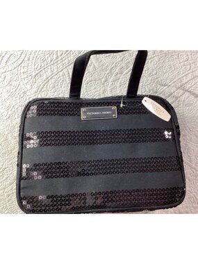 Victorias Secret Black Sequined Travel Cosmetic Bag*Zippered Compartments*NWT